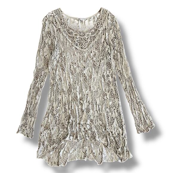Tempo Paris Taupe Crochet Tunic Top M Boho Sheer Lace Knit Long Sleeve - Picture 1 of 6